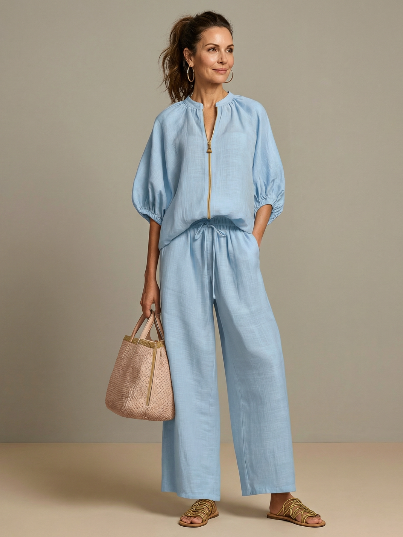 Talia | Zip Front Blouson Top Wide Leg Set