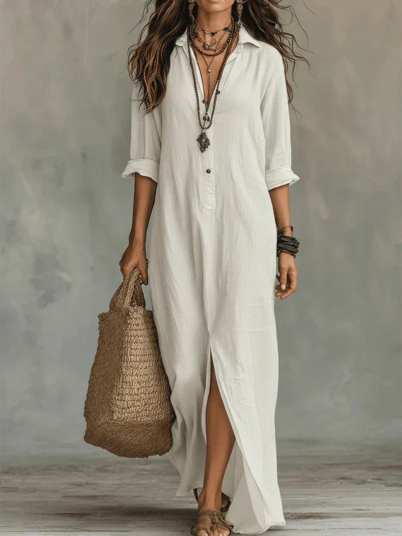 Céline™ | Black Loose-Fitting Maxi Dress with Buttons