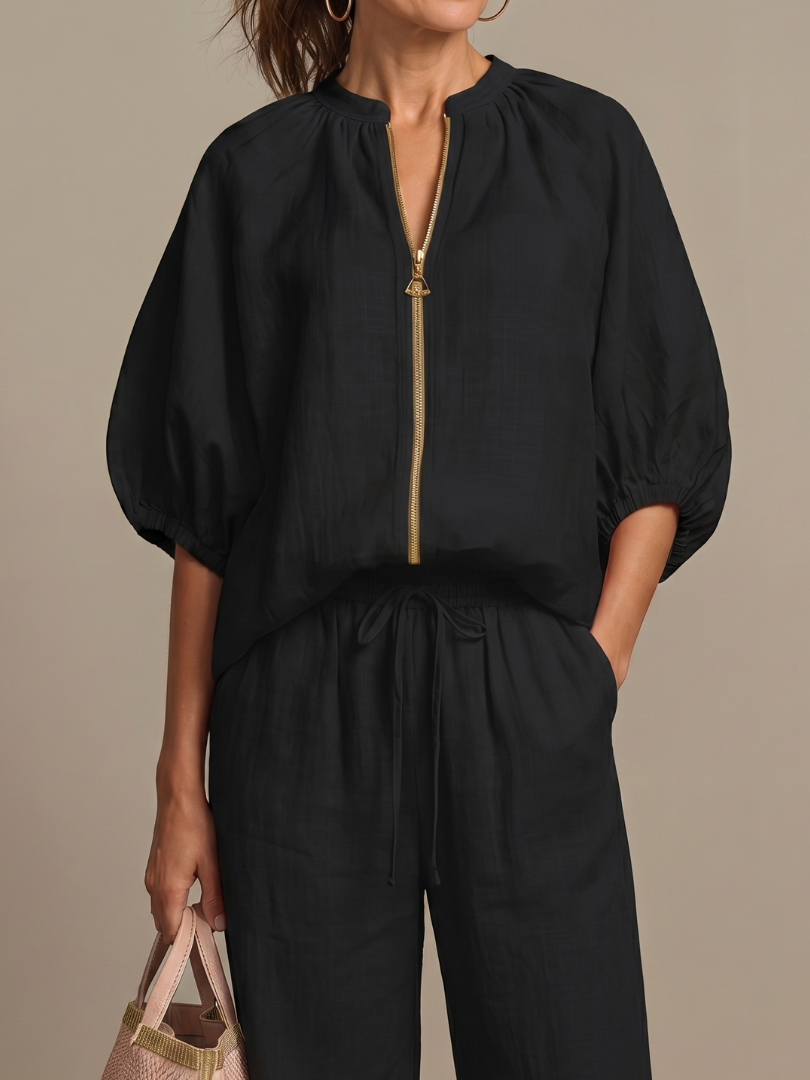Talia | Zip Front Blouson Top Wide Leg Set