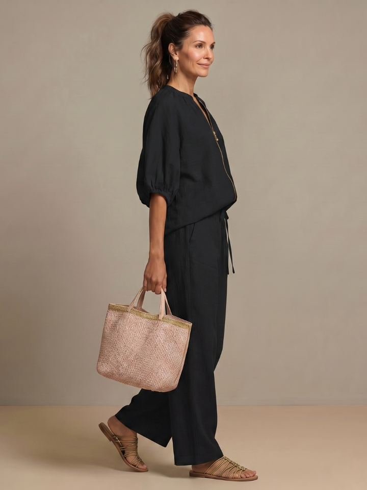 Talia | Zip Front Blouson Top Wide Leg Set
