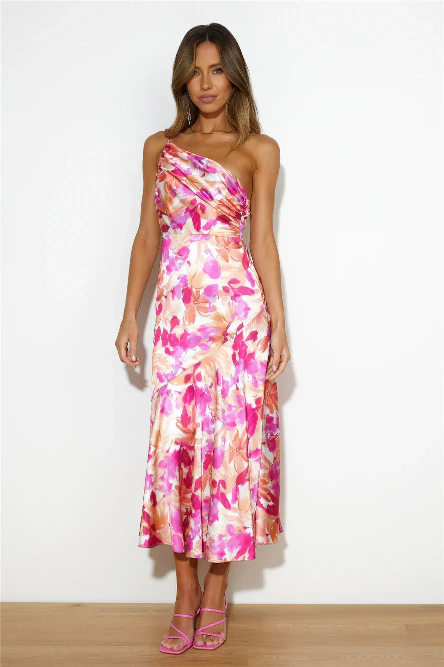 Eliza - Floral Satin One-Shoulder Maxi Dress