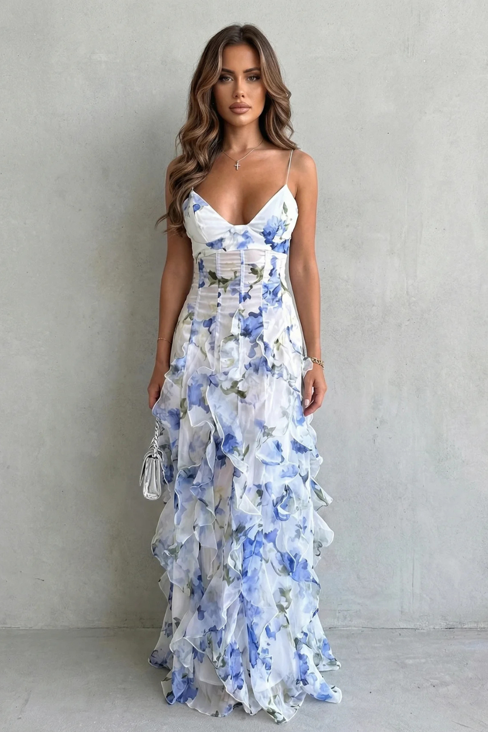 Fiona – Watercolour bloom flow – Ruffled chiffon maxi dress