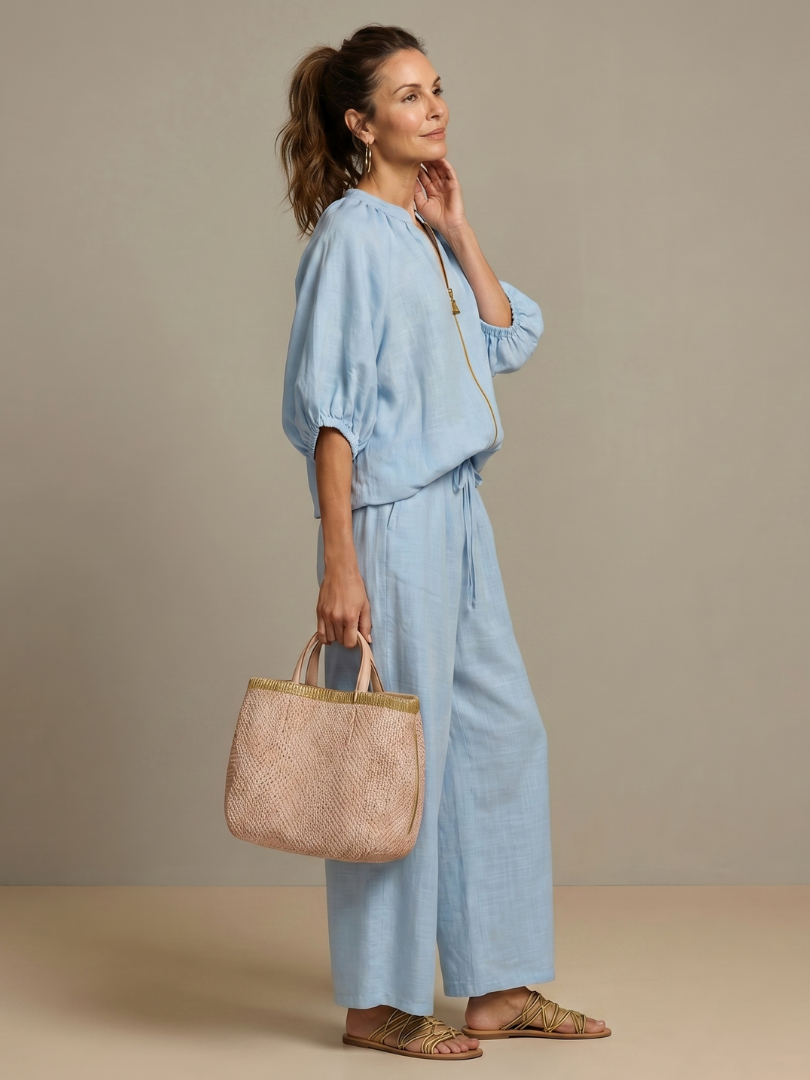Talia | Zip Front Blouson Top Wide Leg Set