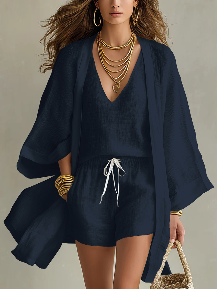 Camila | Three-Piece Polyester-Linen Cardigan &amp; Shorts Set