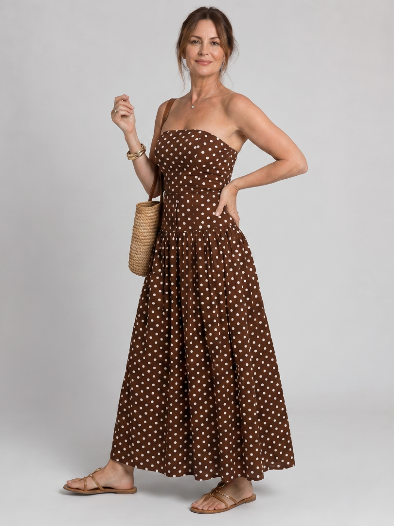 Sorien | Strapless Polka Dot Pattern Midi Dress