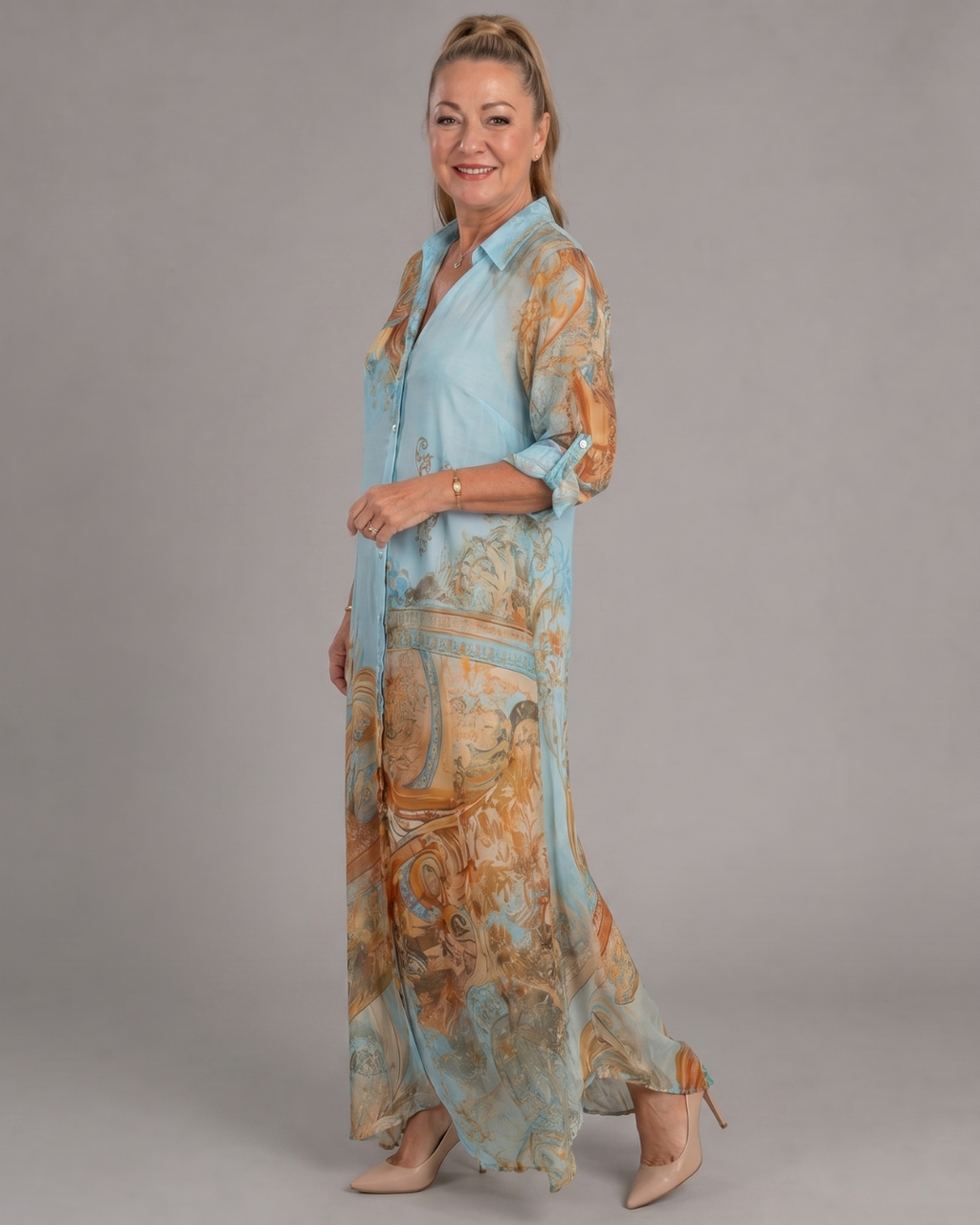 Azmira | Baroque Print Button Front Flowing Maxi Dress