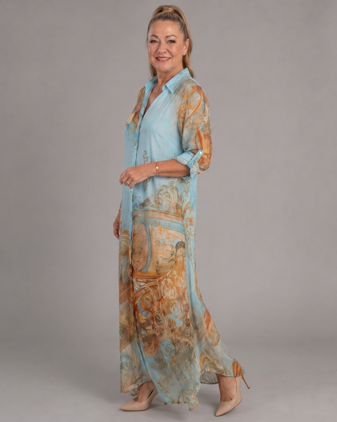 Azmira | Baroque Print Button Front Flowing Maxi Dress