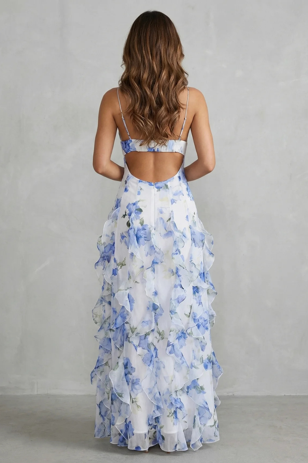 Fiona – Watercolour bloom flow – Ruffled chiffon maxi dress