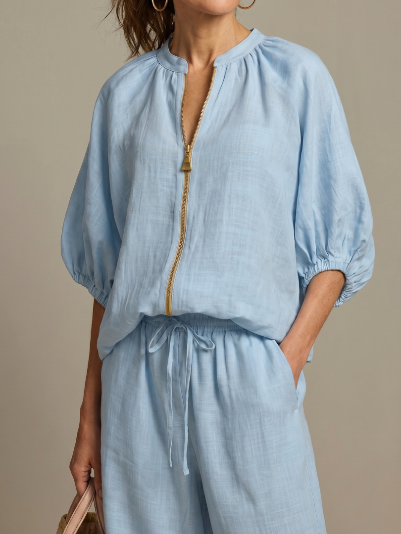 Talia | Zip Front Blouson Top Wide Leg Set