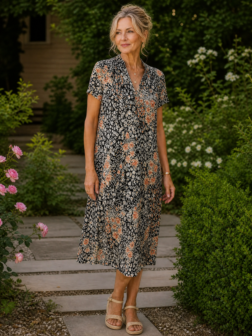Astrid | Floral Collared Short Sleeve Midi Dress