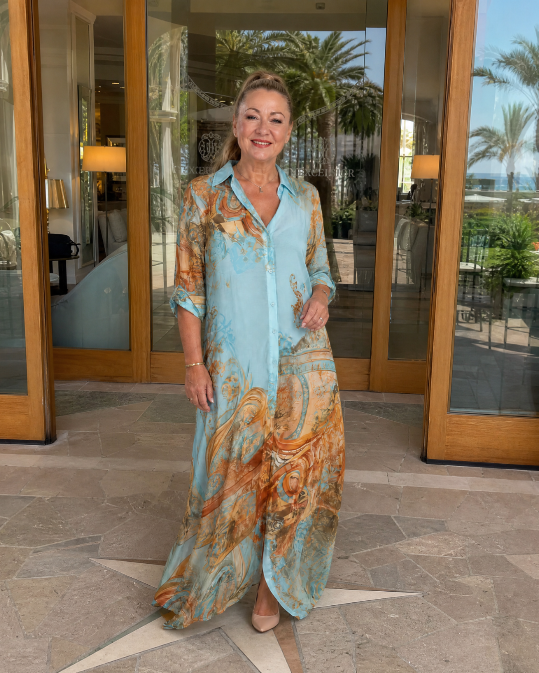 Azmira | Baroque Print Button Front Flowing Maxi Dress