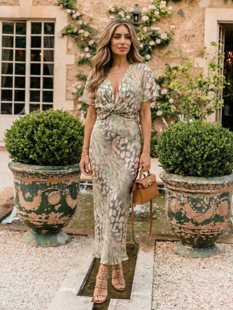 Nora | Abstract Print V Neck Twist Waist Midi Dress