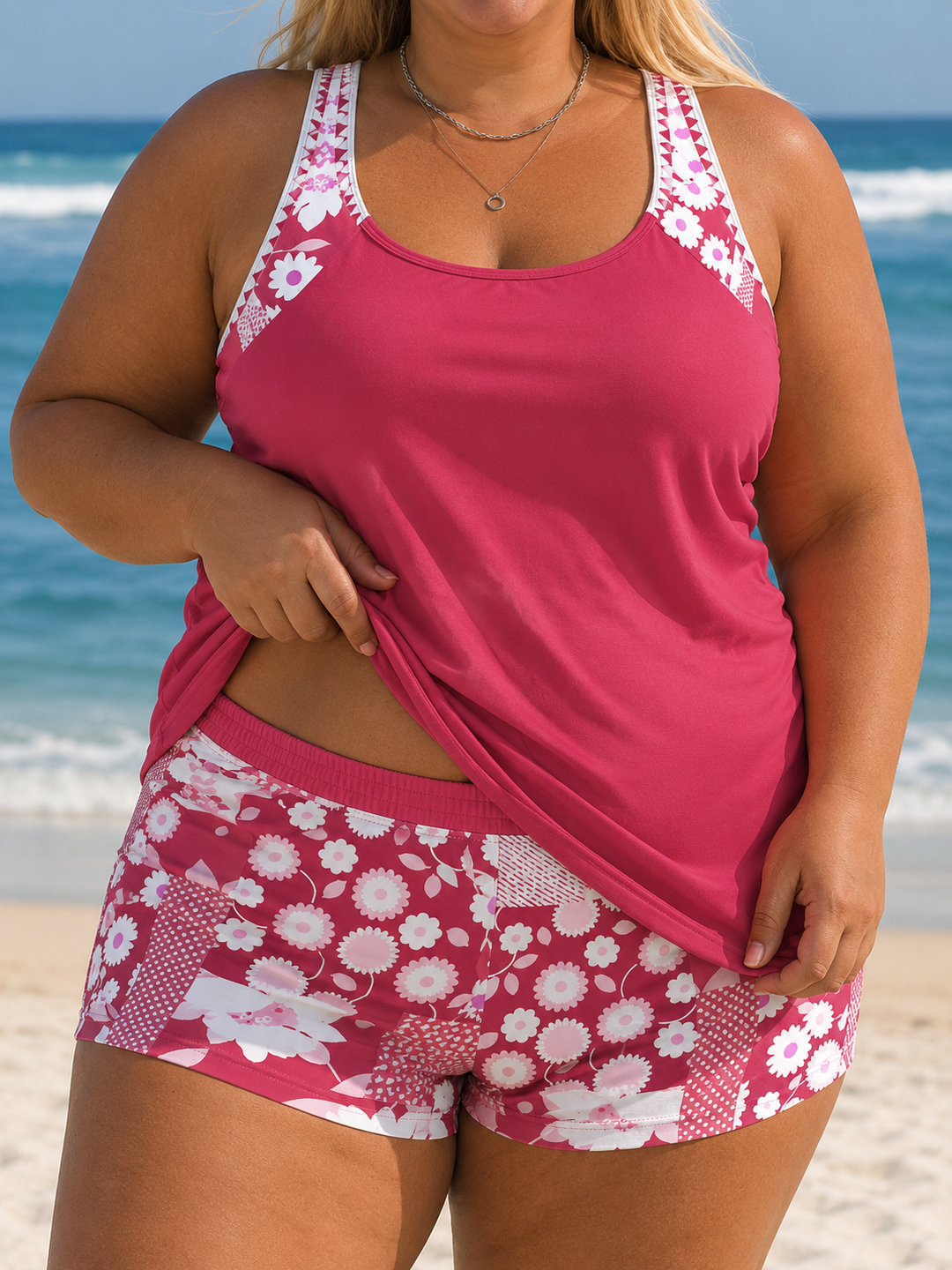 Nanet - Plus Size Printed Tankini Shorts Set