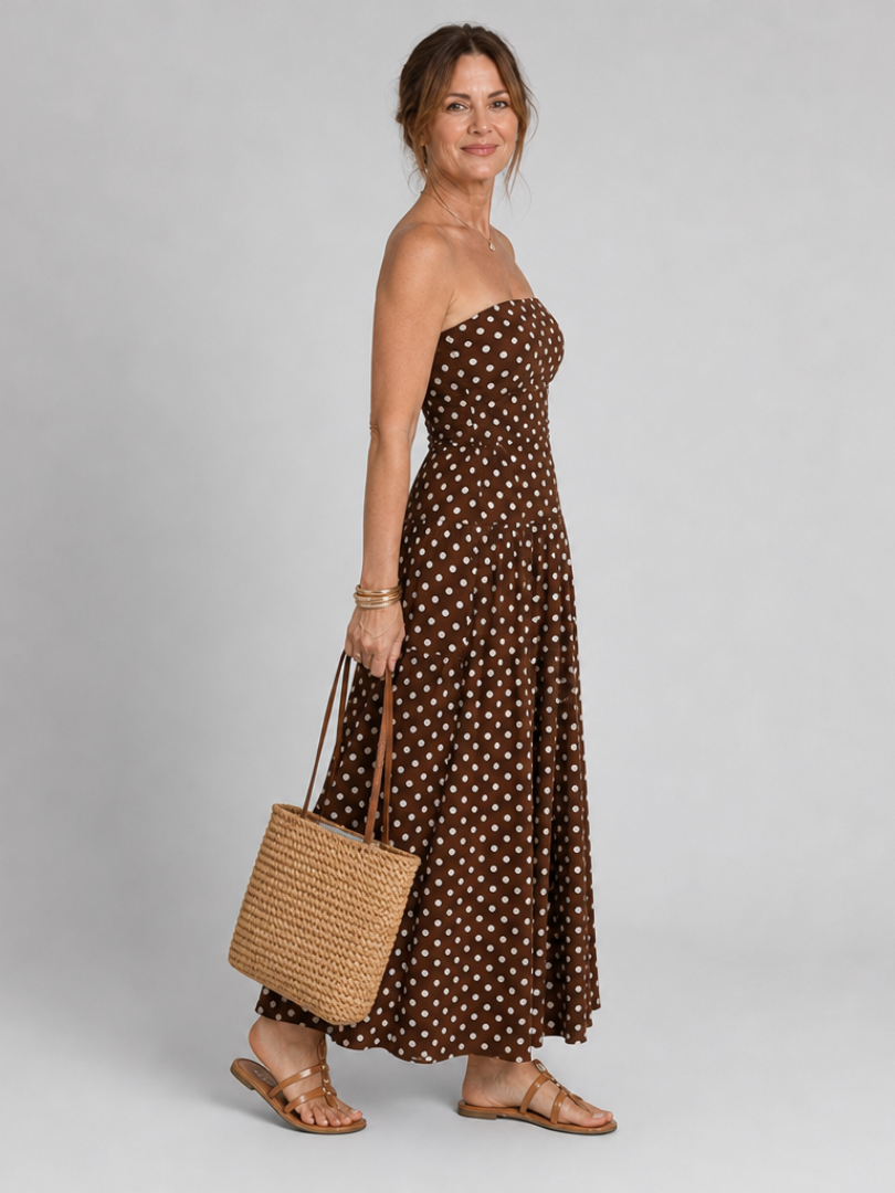 Sorien | Strapless Polka Dot Pattern Midi Dress