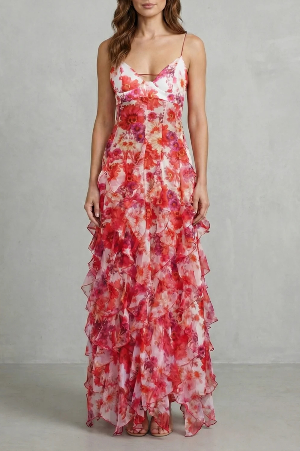 Fiona – Watercolour bloom flow – Ruffled chiffon maxi dress