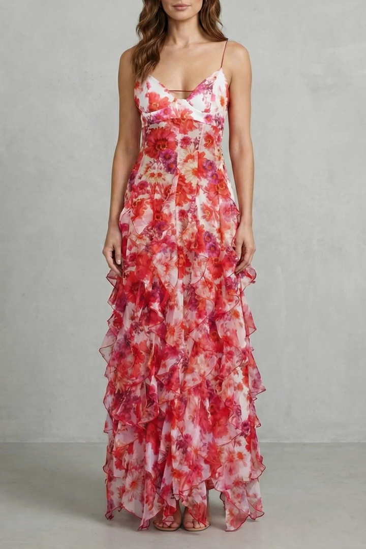 Fiona – Watercolour bloom flow – Ruffled chiffon maxi dress