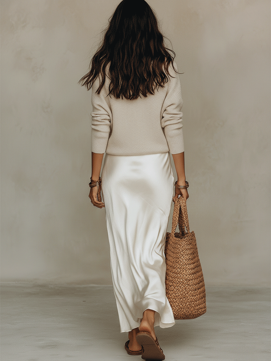 Effortless Ivory Knit &amp; Satin Midi Ensemble