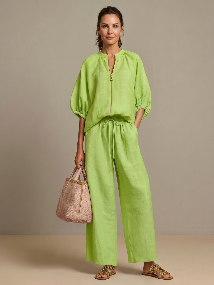 Talia | Zip Front Blouson Top Wide Leg Set