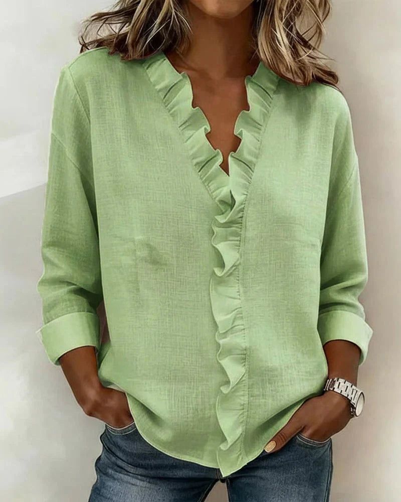 Yvonne | Blouse with Ruffles, V-Neck and Long Sleeves