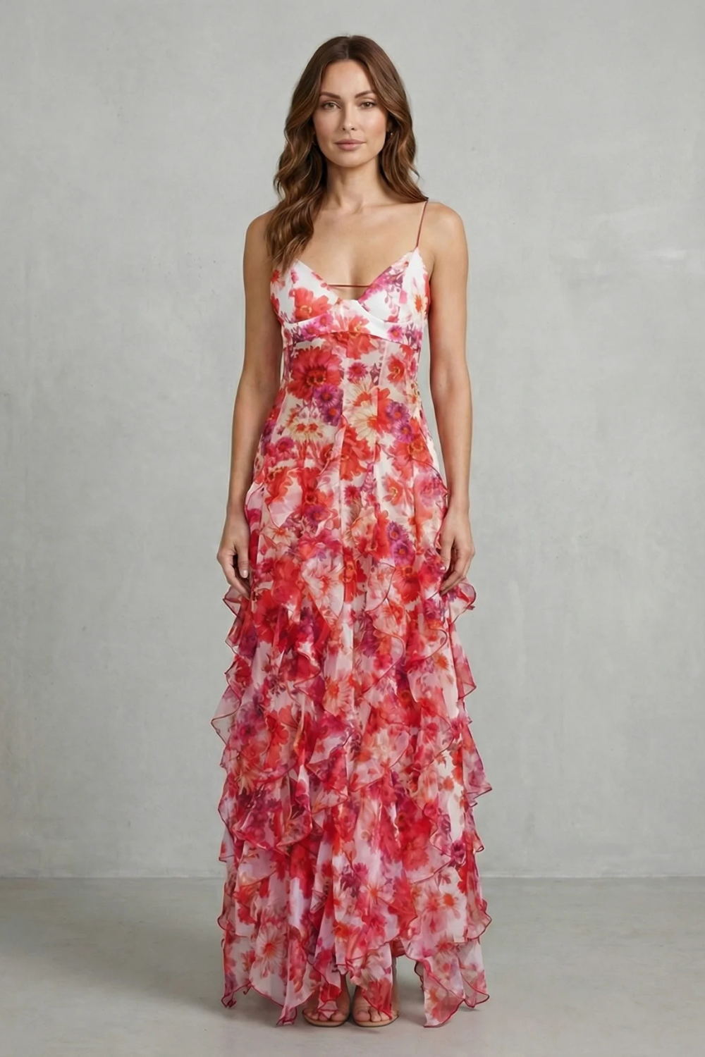 Fiona – Watercolour bloom flow – Ruffled chiffon maxi dress