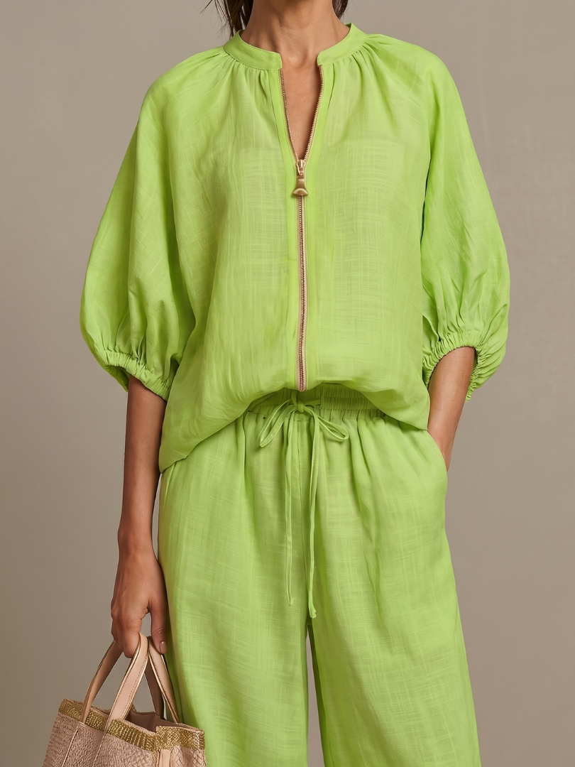 Talia | Zip Front Blouson Top Wide Leg Set
