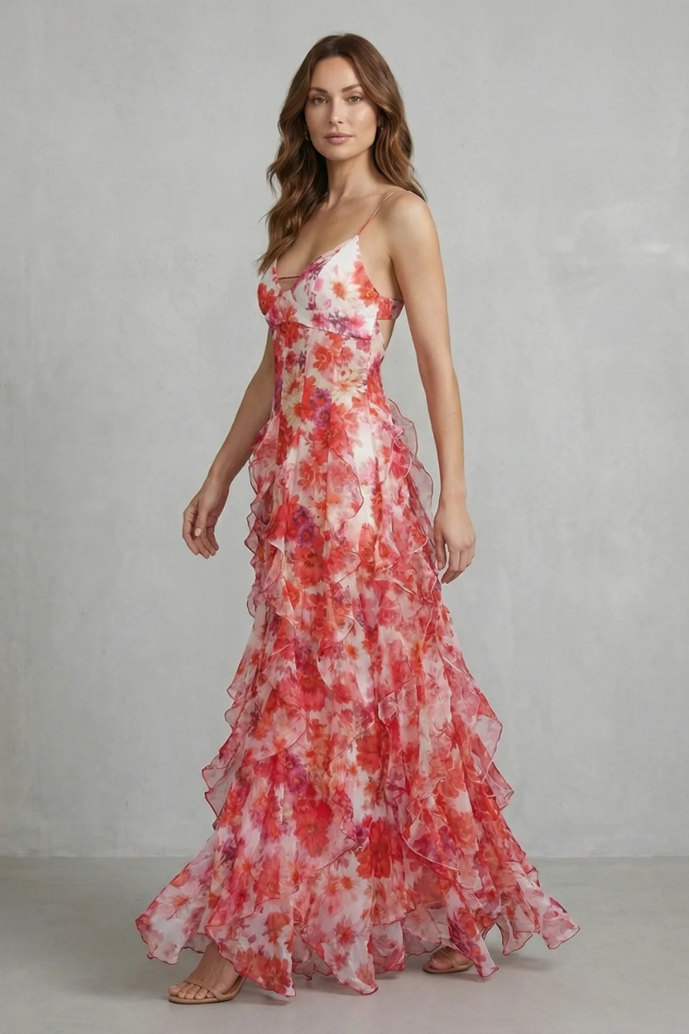 Fiona – Watercolour bloom flow – Ruffled chiffon maxi dress