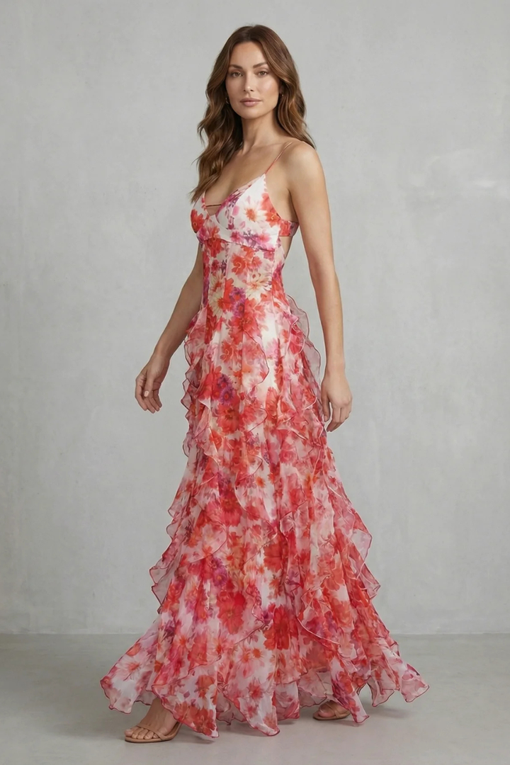 Fiona – Watercolour bloom flow – Ruffled chiffon maxi dress