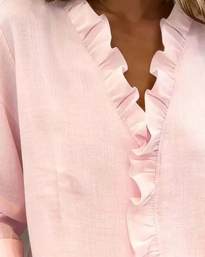 Yvonne | Blouse with Ruffles, V-Neck and Long Sleeves