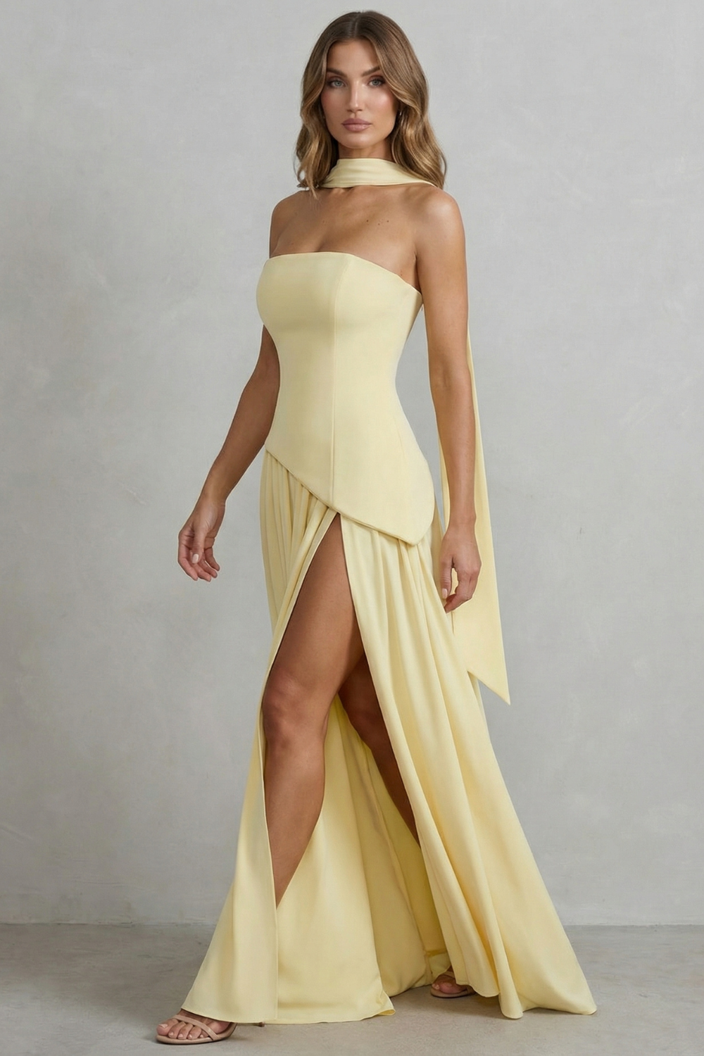 Celeste – Sculpted draped slit – Strapless maxi dress