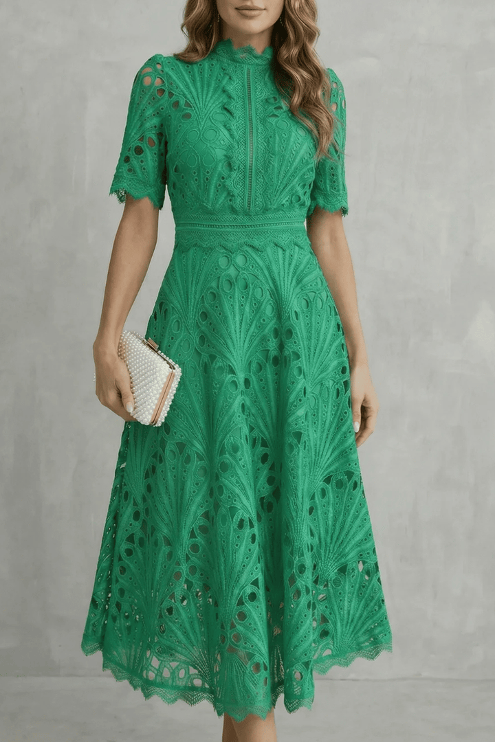 Charlisse – Ornate lace refinement – High-neck midi dress