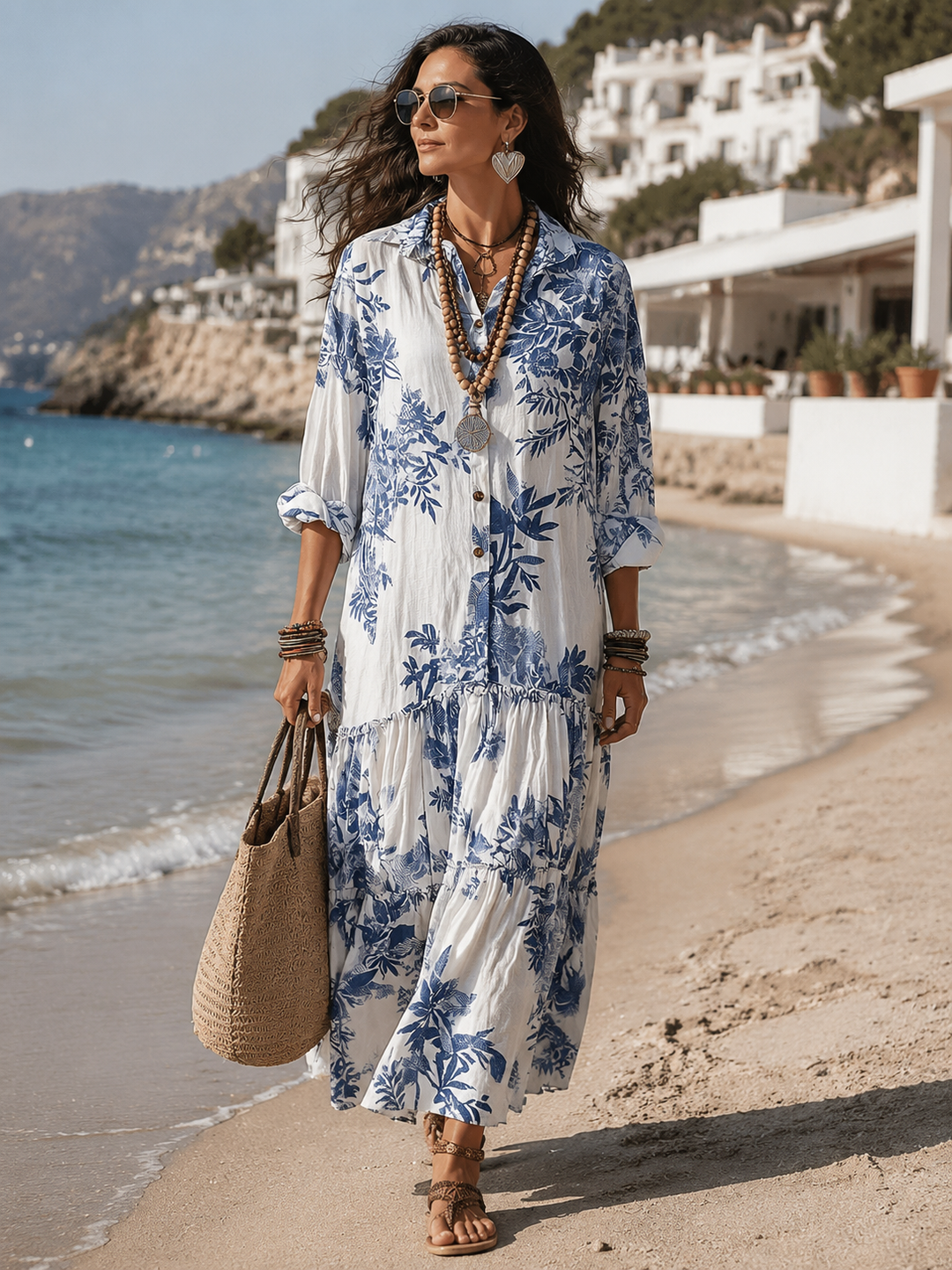 Tahlia™ | Bohemian Blue Floral Button-Down Tiered Maxi Dress