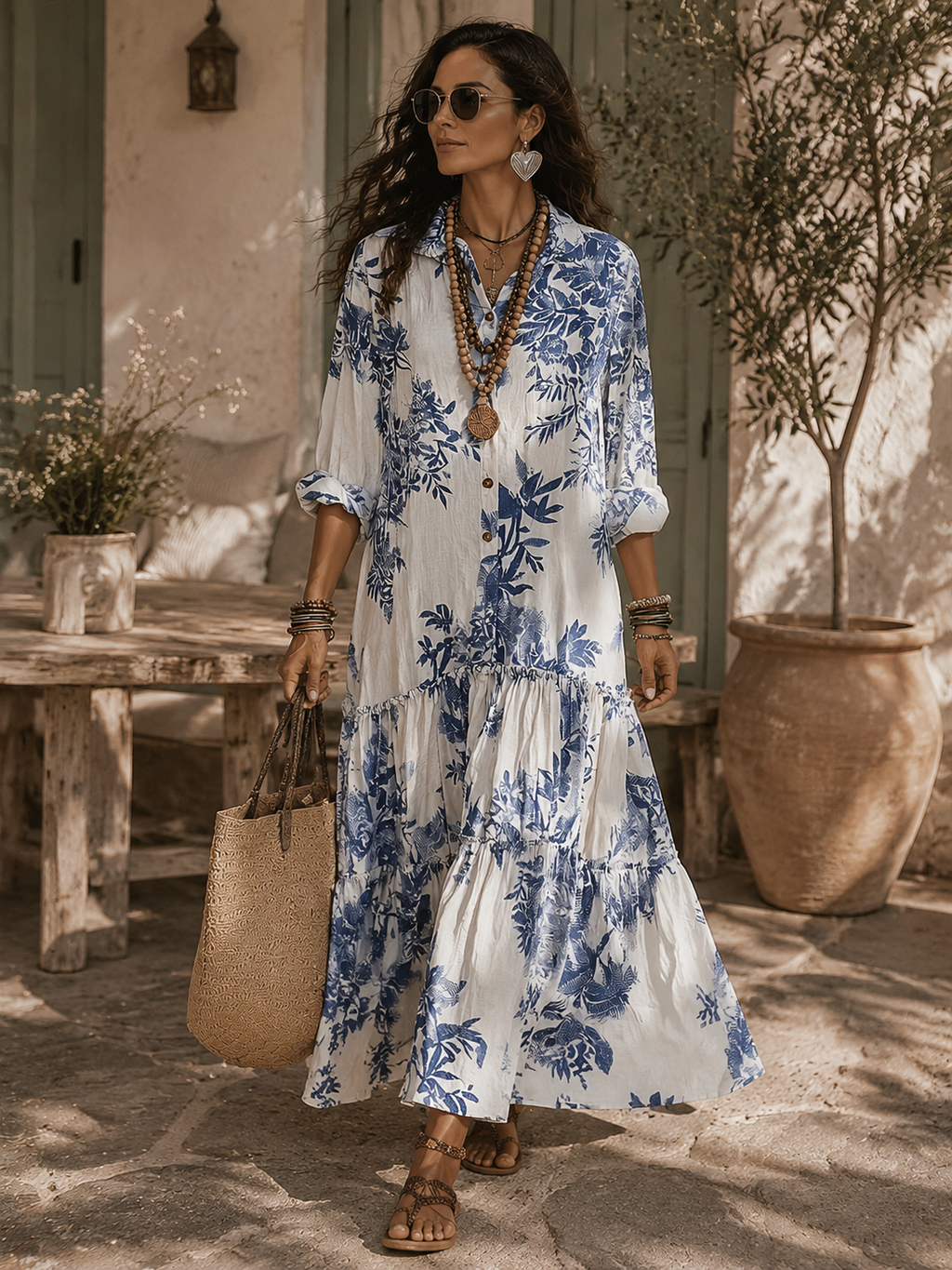 Tahlia™ | Bohemian Blue Floral Button-Down Tiered Maxi Dress