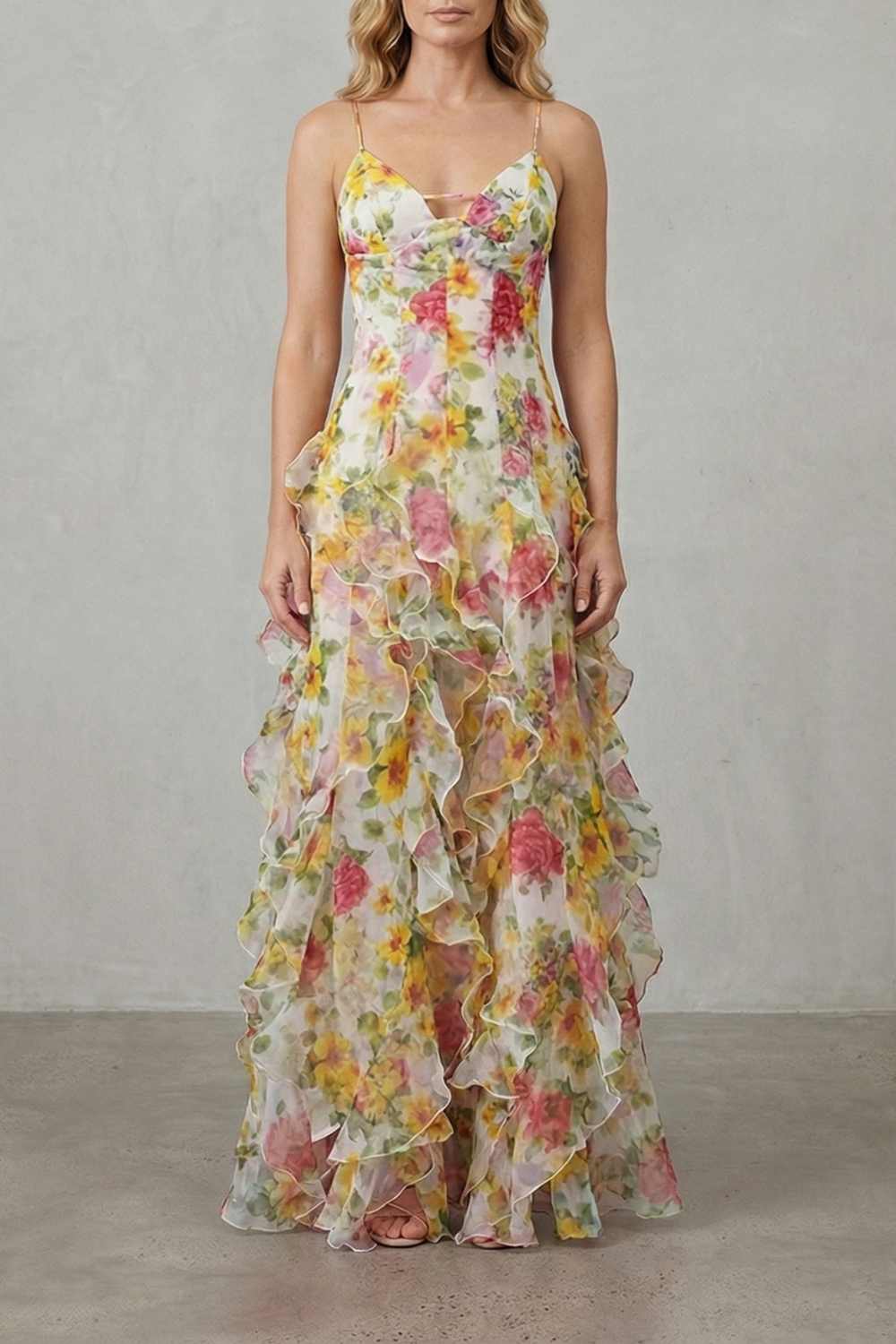 Fiona – Watercolour bloom flow – Ruffled chiffon maxi dress
