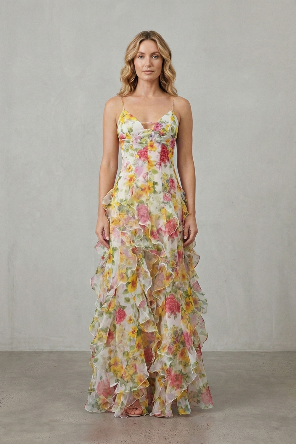 Fiona – Watercolour bloom flow – Ruffled chiffon maxi dress