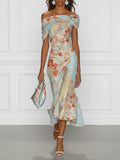 Vittoria - Midi Mermaid Dress Without Sleeves with Off-Shoulder and Blue Floral Pattern