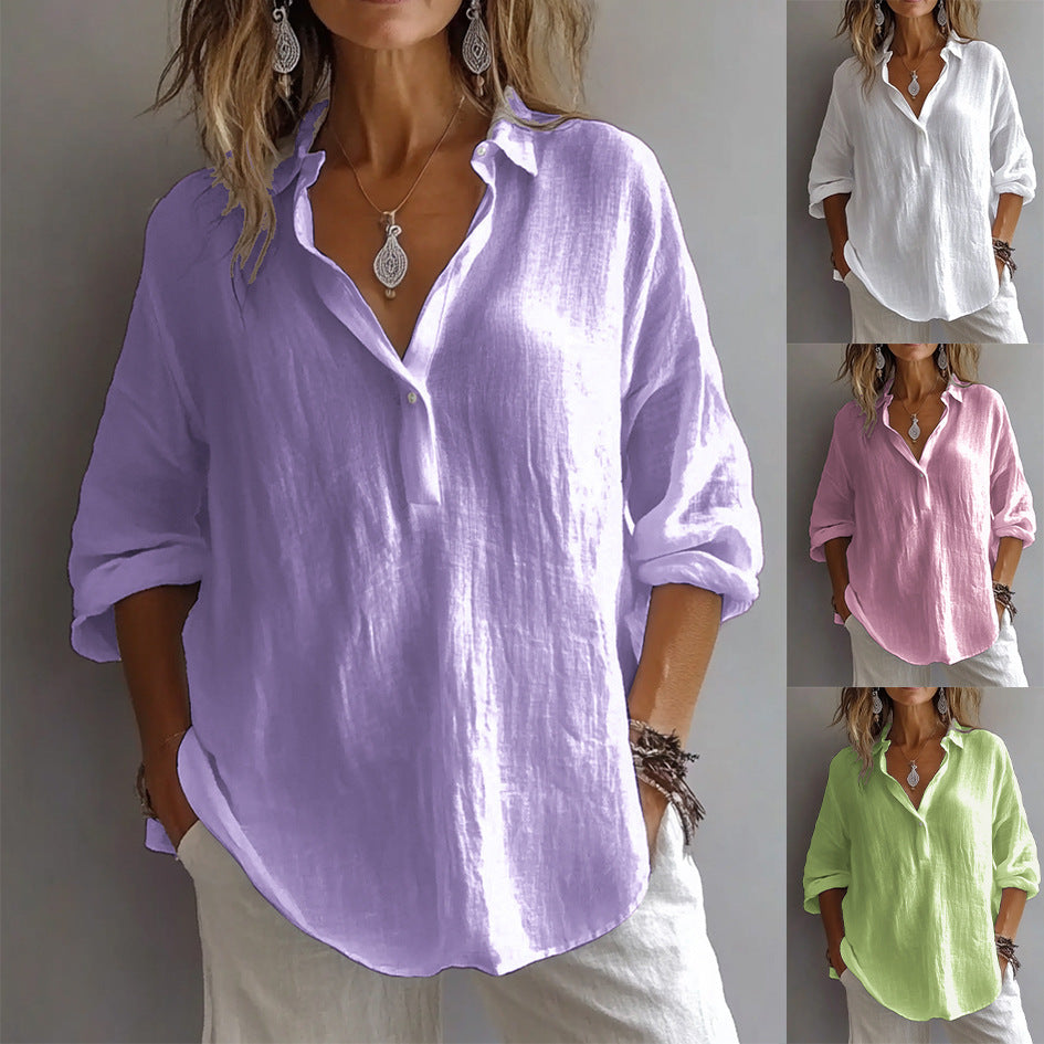 Women’S Casual Linen Shirt with Button Placket and Wide Sleeves Lune London