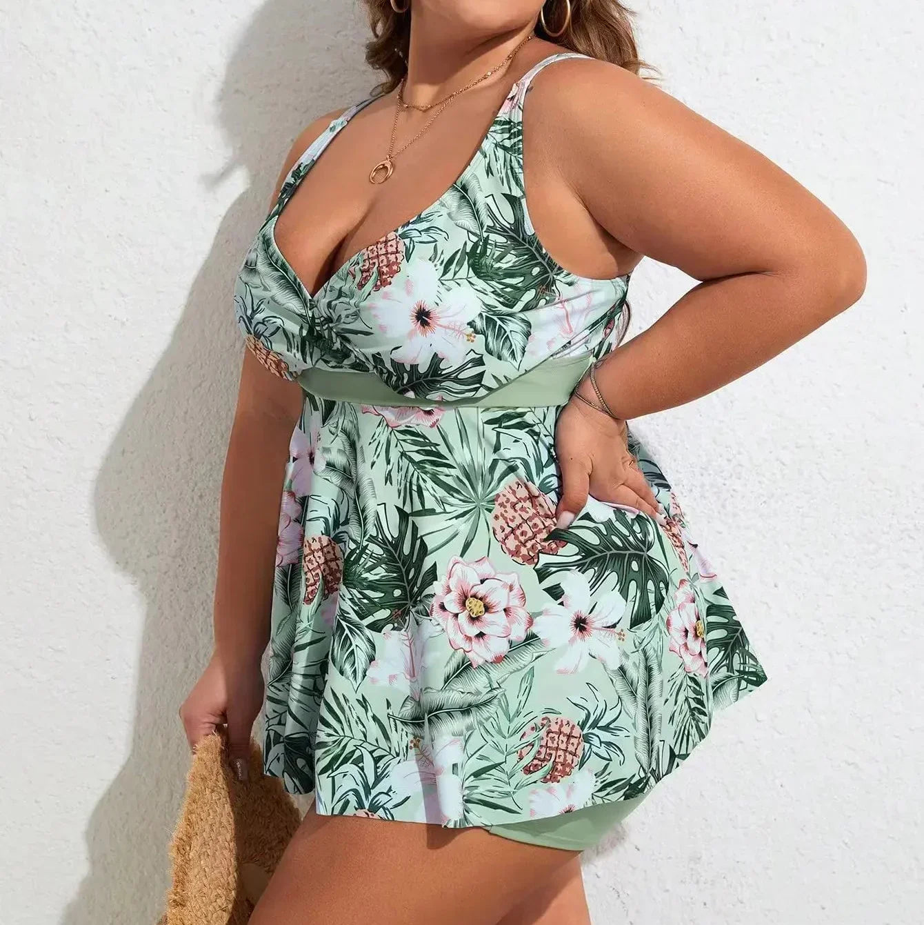Sophia | Tropical Bloom Plus Size Swimdress with Boyshorts