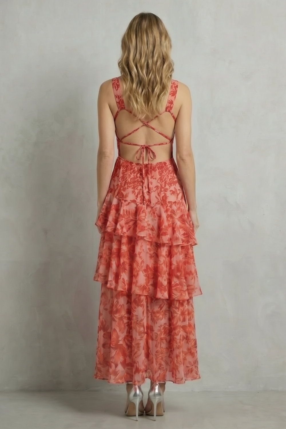 Angela – Crimson blossom layers – Tiered chiffon maxi dress