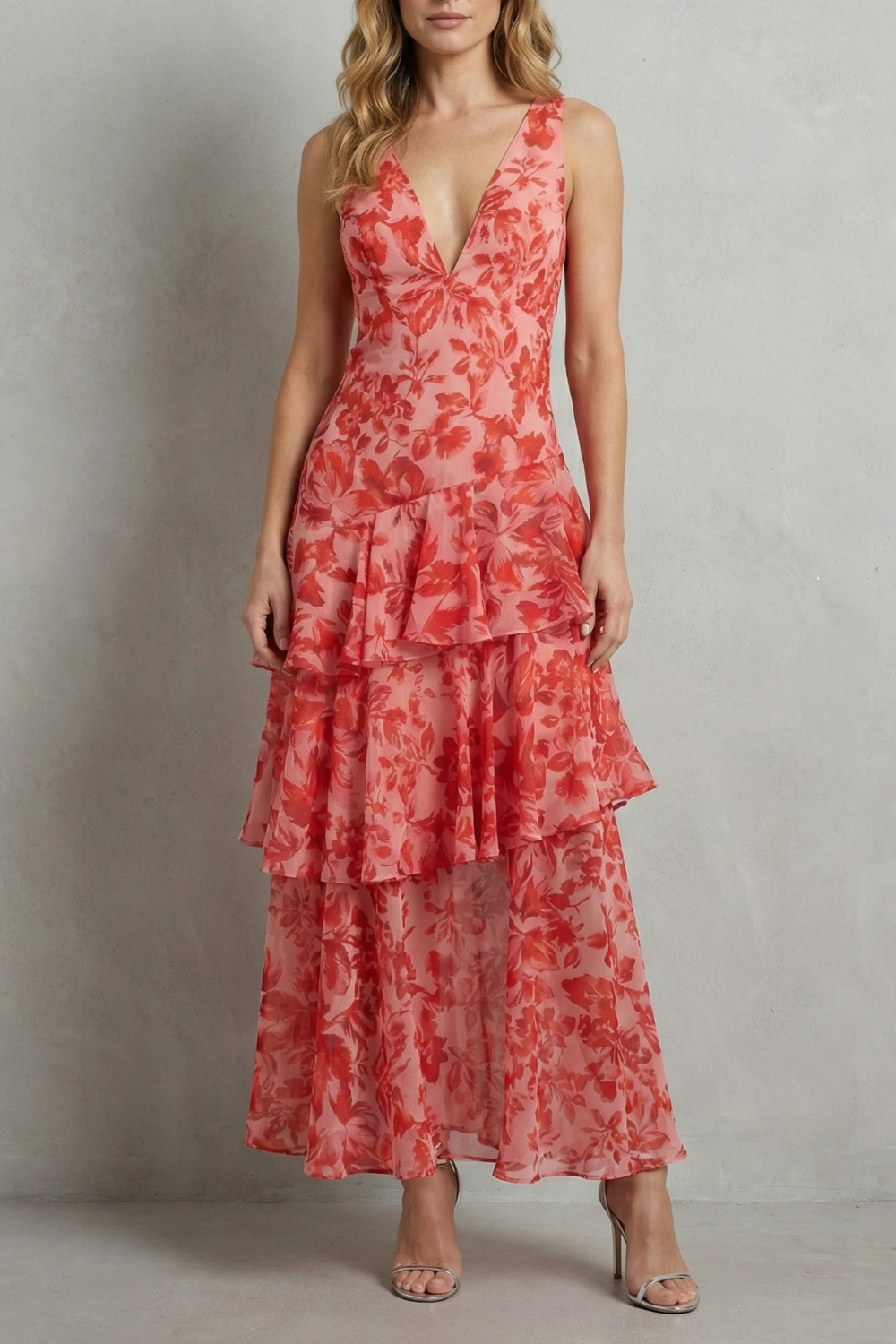 Angela – Crimson blossom layers – Tiered chiffon maxi dress