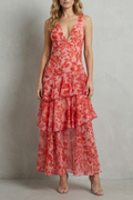 Angela – Crimson blossom layers – Tiered chiffon maxi dress