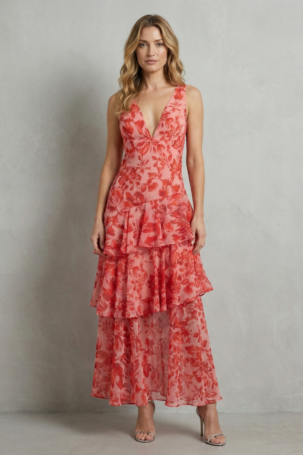 Angela – Crimson blossom layers – Tiered chiffon maxi dress