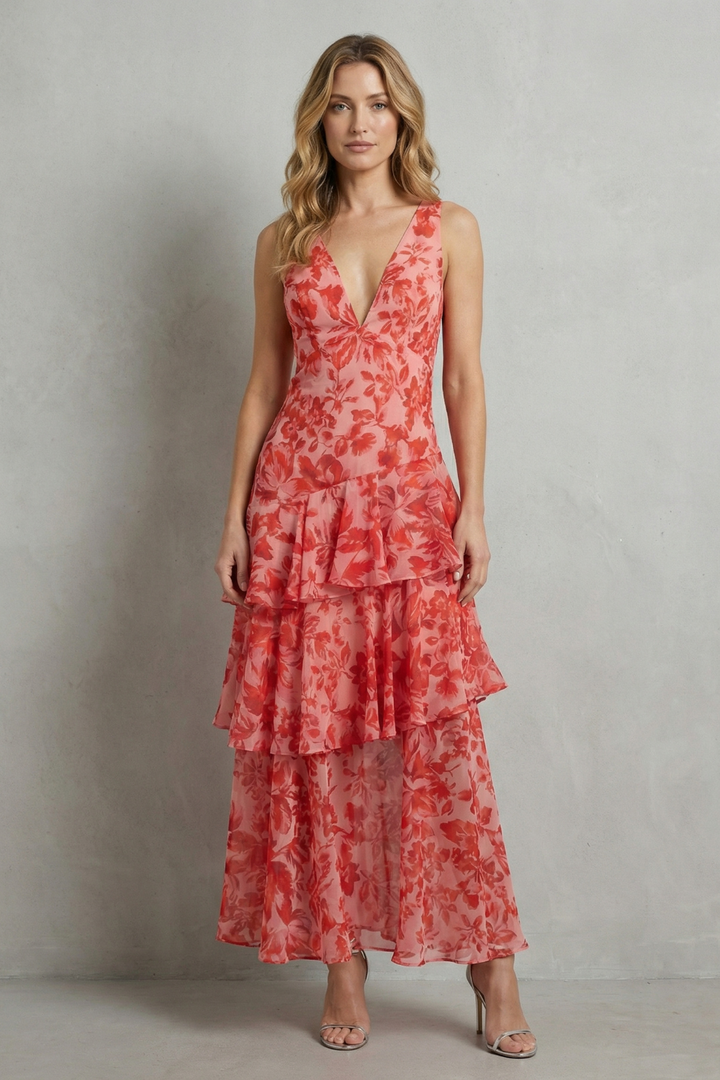 Angela – Crimson blossom layers – Tiered chiffon maxi dress