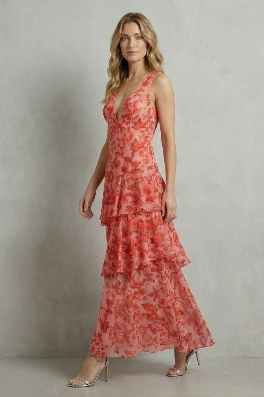 Angela – Crimson blossom layers – Tiered chiffon maxi dress