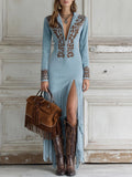 Ingrid | HALF-ZIP EMBROIDERED FAUX SUEDE FRINGE MAXI DRESS