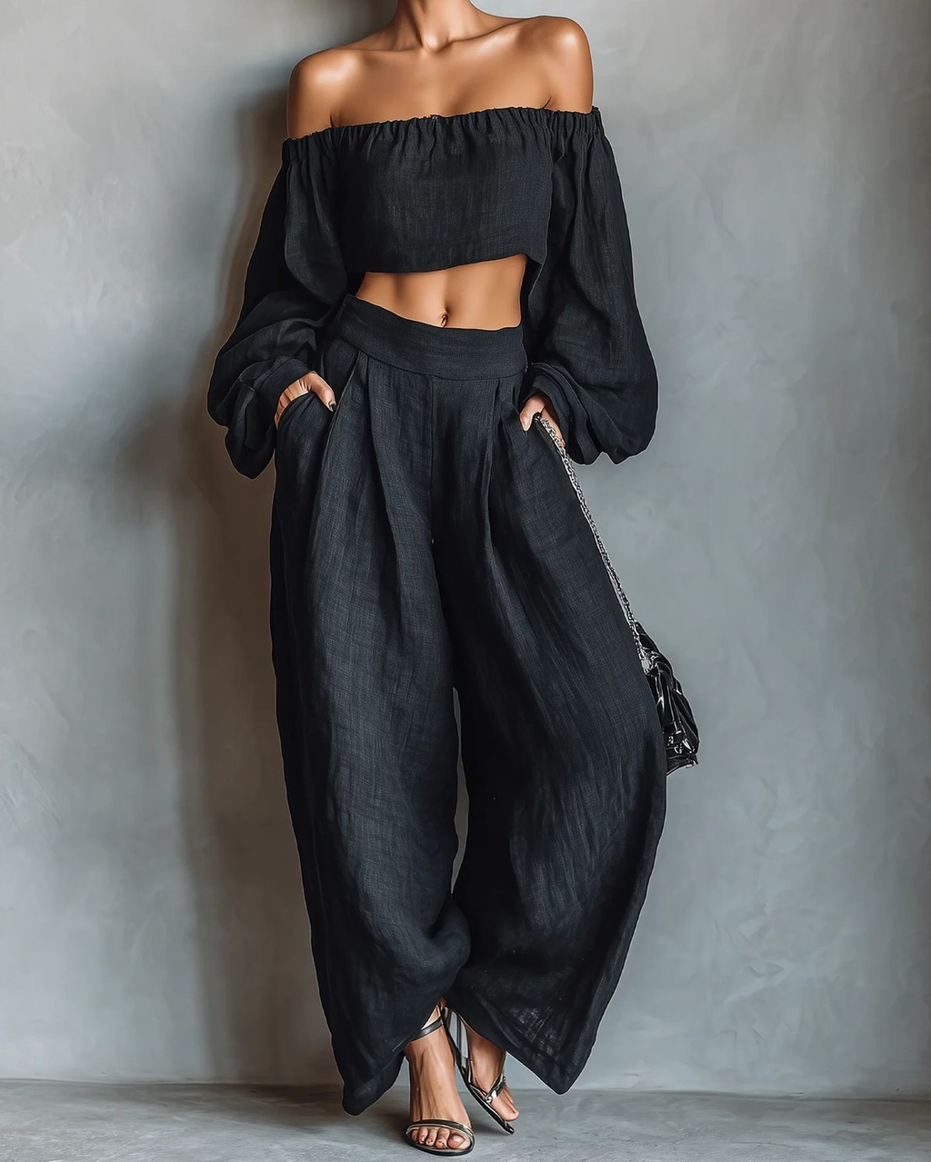 Aisha | Linen-Blend Strapless-Style Top & Wide-Leg Pants Set