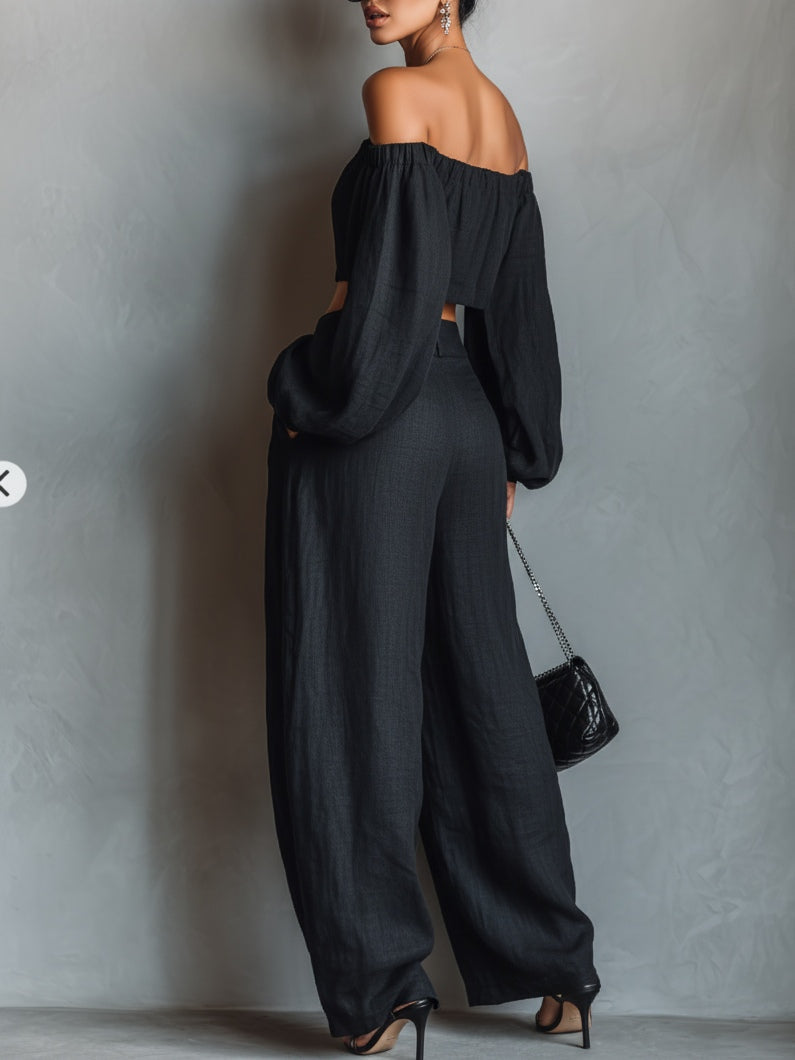 Aisha | Linen-Blend Strapless-Style Top & Wide-Leg Pants Set