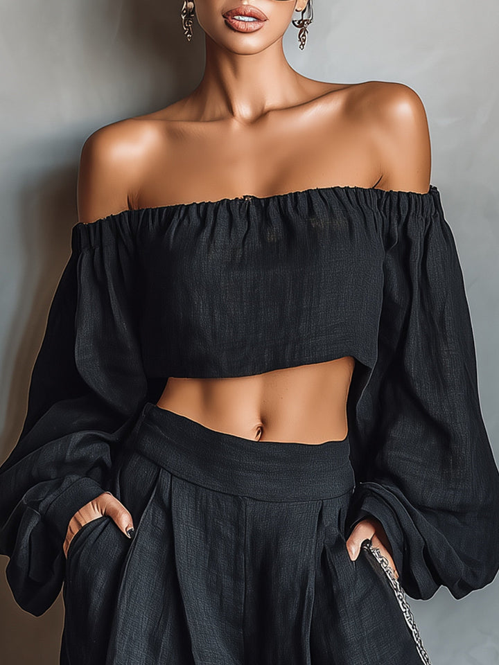 Aisha | Linen-Blend Strapless-Style Top &amp; Wide-Leg Pants Set