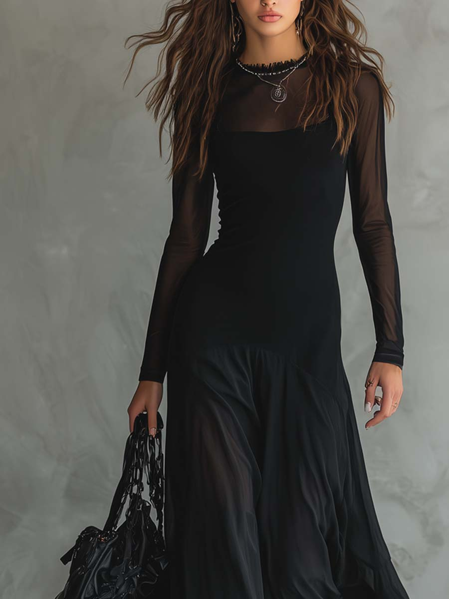 Nora · Maxi Loose-fit Jurk in Zwart Tulle