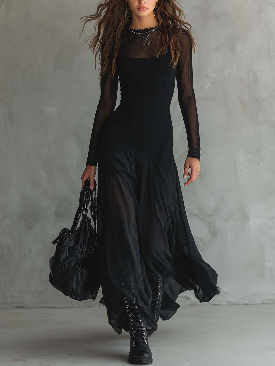 Nora · Maxi Loose-fit Jurk in Zwart Tulle