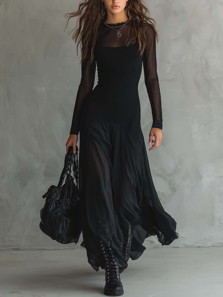 Nora · Maxi Loose-fit Jurk in Zwart Tulle